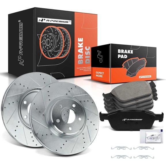A-Premium 12.60 inch (320mm) Front Drilled and Slotted Disc Brake Rotors + Ceramic Pads Kit Compatible with Select Ford Models - Escape 2013-2017, Transit Connect 2014-2018, 6-PC Set
