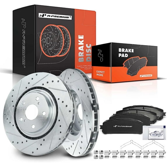 A-Premium 12.91 inch (327.91mm) Front Drilled and Slotted Disc Brake Rotors + Ceramic Pads Kit Compatible with Select Lexus and Toyota Models - NX200t, NX300, NX300h, RX350, RX450h, Highlander, Sienna