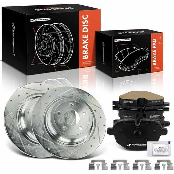 A-Premium 12.99 inch (330mm) Rear Drilled and Slotted Disc Brake Rotors + Ceramic Pads Kit Compatible with Select BMW Models - 528i, 528i xDrive, 535d, 535d xDrive, 535i, 535i xDrive, 6-PC Set