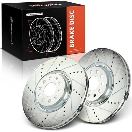 A-Premium 13.39 inch (340 mm) Front Drilled and Slotted Disc Brake Rotors Compatible with Volkswagen and Audi Models - Jetta, Golf, Golf R, Tiguan, CC, GTI, Arteon, A3, A3 Quattro, Q3, 2-PC Set