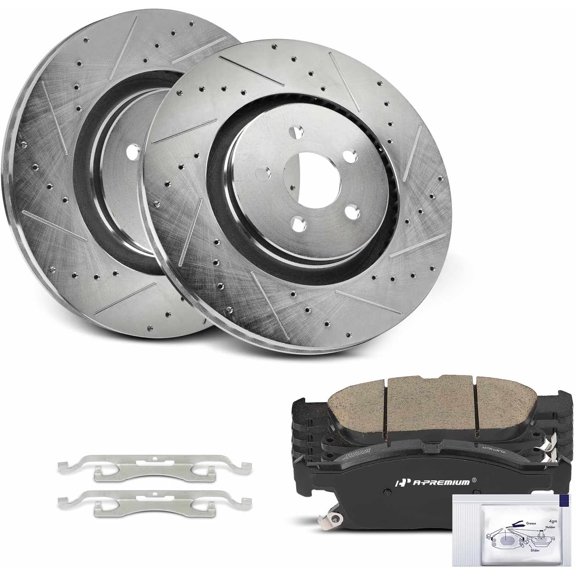 A-Premium 13.58 inch (345 mm) Front Drilled and Slotted Disc Brake Rotors + Ceramic Pads Kit Compatible with Select Ford and Lincoln Models - Edge 2015-2021, MKX 2016-2018, Nautilus 2019-2023