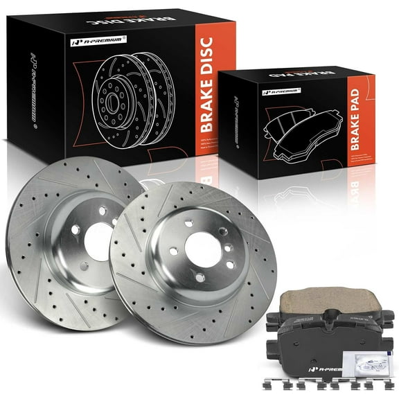 A-Premium 13.58 inch (345 mm) Rear Drilled and Slotted Disc Brake Rotors + Ceramic Pads Kit Compatible with Select BMW Models - 535i, 550i, 550i xDrive, 640i xDrive, 650i Gran Coupe, 6-PC Set