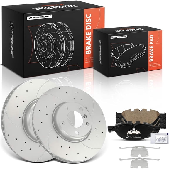 A-Premium 13.70 in (348 mm) Front Drilled and Slotted Disc Brake Rotors + Ceramic Pads Kit Compatible with Select BMW Models - 528i, 535i GT, 535i GT xDrive, 550i, 550i xDrive, 650i, 740i, 6-PC Set