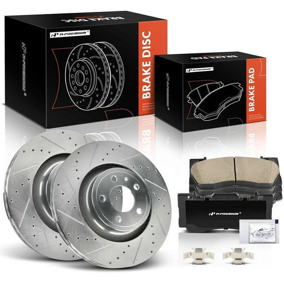 A-Premium 13.86 in (352 mm) Front Drilled and Slotted Disc Brake Rotors + Ceramic Pads Kit Compatible with Select Ford Models - Mustang 2015 2016 2017 2018 2019 2020, 2.3L 5.0L, 6-PC Set