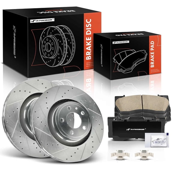 A-Premium 13.86 in (352 mm) Front Drilled and Slotted Disc Brake Rotors + Ceramic Pads Kit Compatible with Select Ford Models - Mustang 2015 2016 2017 2018 2019 2020, 2.3L 5.0L, 6-PC Set