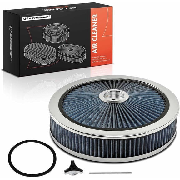 A-Premium 14"x3" Round Blue Chrome Universal Air Cleaner Filter Assembly - Compatible with Chevrolet Chevy GMC Ford Models- Fit For 5-1/8" carburetor neck