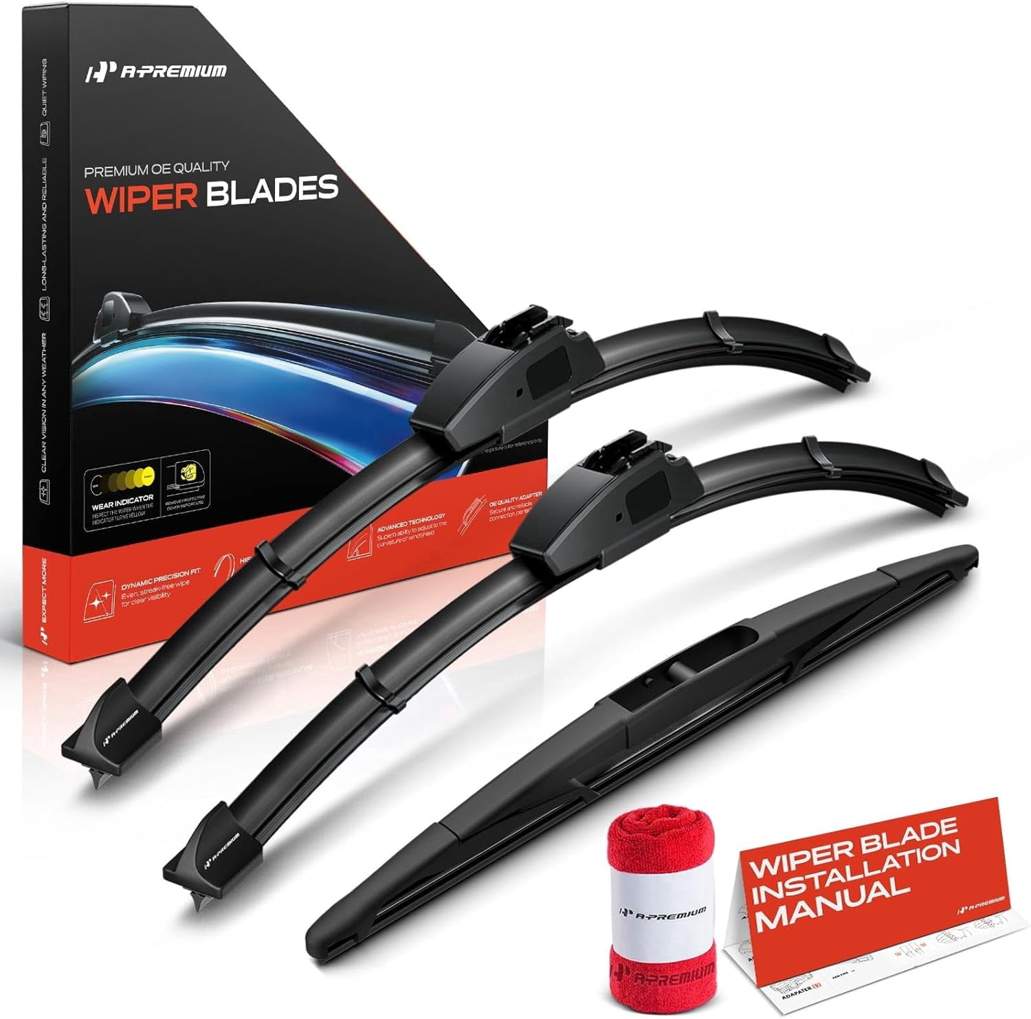 A-Premium 16"/16"/12" Windshield Wiper Blades Compatible with Jeep JL Series Wrangler 2018-2024 - Front Rear Wipers Blade Set for Hook/RL3, with Wear Indicator & Towel (Pack of 3)