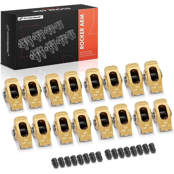 A-Premium 16Pcs Gold Aluminum Engine Roller Rocker Arms with Needle Bearings Compatible with Chevy SBC 350, 1.6 Ratio, 3/8" Studs