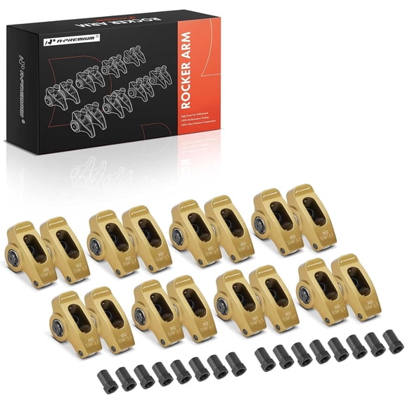 A-Premium 16Pcs Gold Aluminum Engine Roller Rocker Arms with Needle Bearings Compatible with Small Block Ford SBF 302, 1.7 Ratio, 7/16" Studs