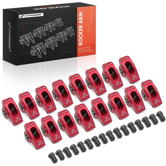A-Premium 16Pcs Red Aluminum Engine Roller Rocker Arms with Needle Bearings Compatible with Chevy SBC 350, 1.6 Ratio, 7/16" Studs