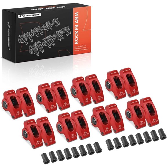 A-Premium 16Pcs Red Aluminum Engine Roller Rocker Arms with Needle Bearings Compatible with Ford SBF 302, 1.6 Ratio, 7/16" Studs