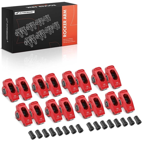 A-Premium 16Pcs Red Aluminum Engine Roller Rocker Arms with Needle Bearings Compatible with Small Block Chevy SBC 350, 1.5 Ratio, 7/16" Studs