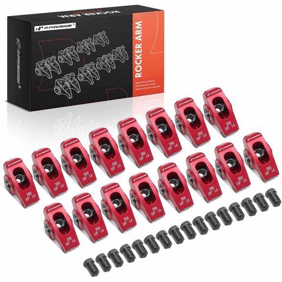 A-Premium 16Pcs Red Aluminum Engine Roller Rocker Arms with Needle Bearings Compatible with Small Block Chevy SBC 350, 1.6 Ratio, 3/8" Studs