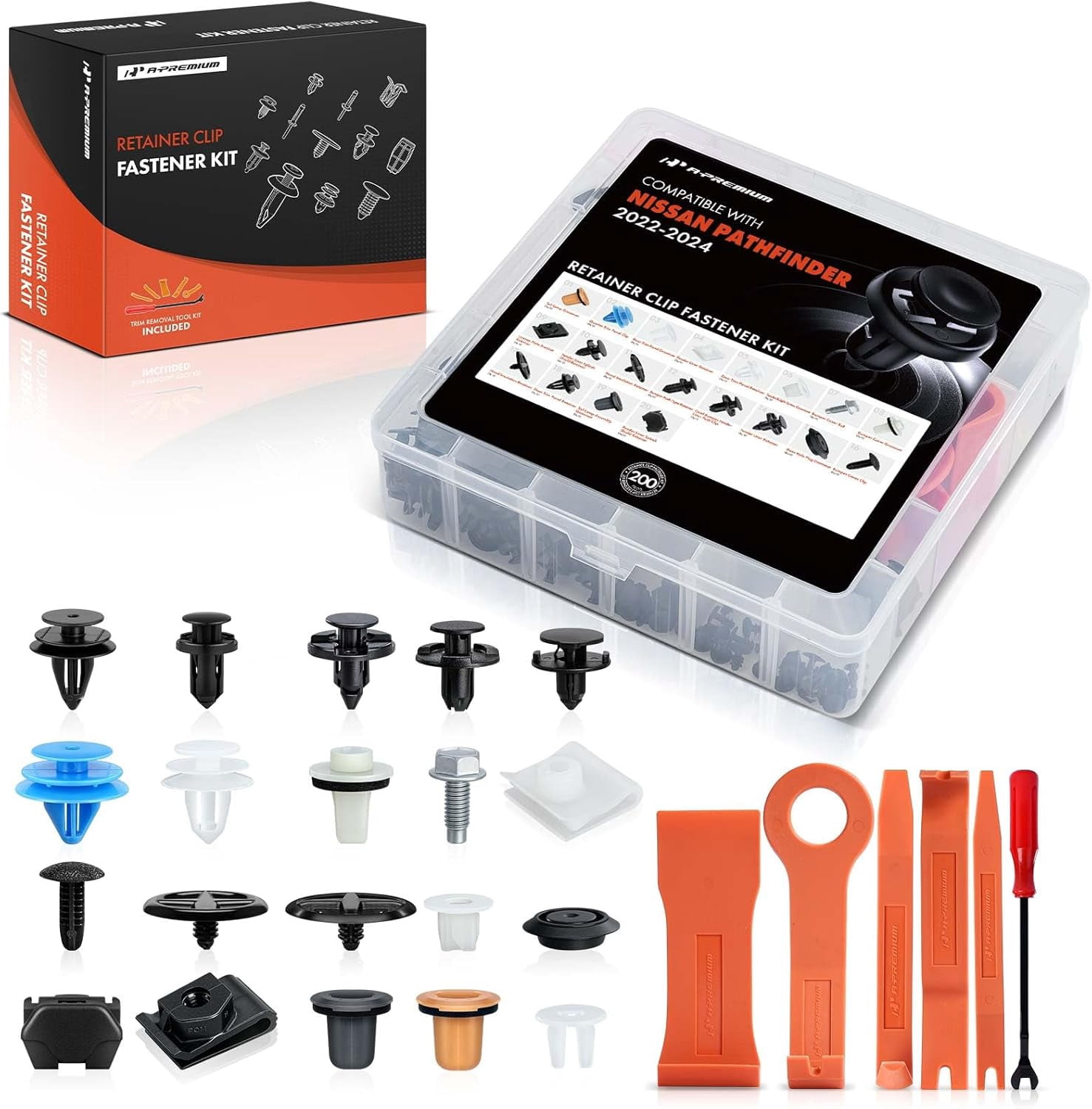 A-Premium 200Pcs 44.32 oz Nylon Bumper Retainer Clips Fender Fasteners Door Trim Panel Push-Type Hood Auto Push Pin Plastic Rivets Kit Compatible with Nissan Pathfinder 2022-2024, with Removal Tool