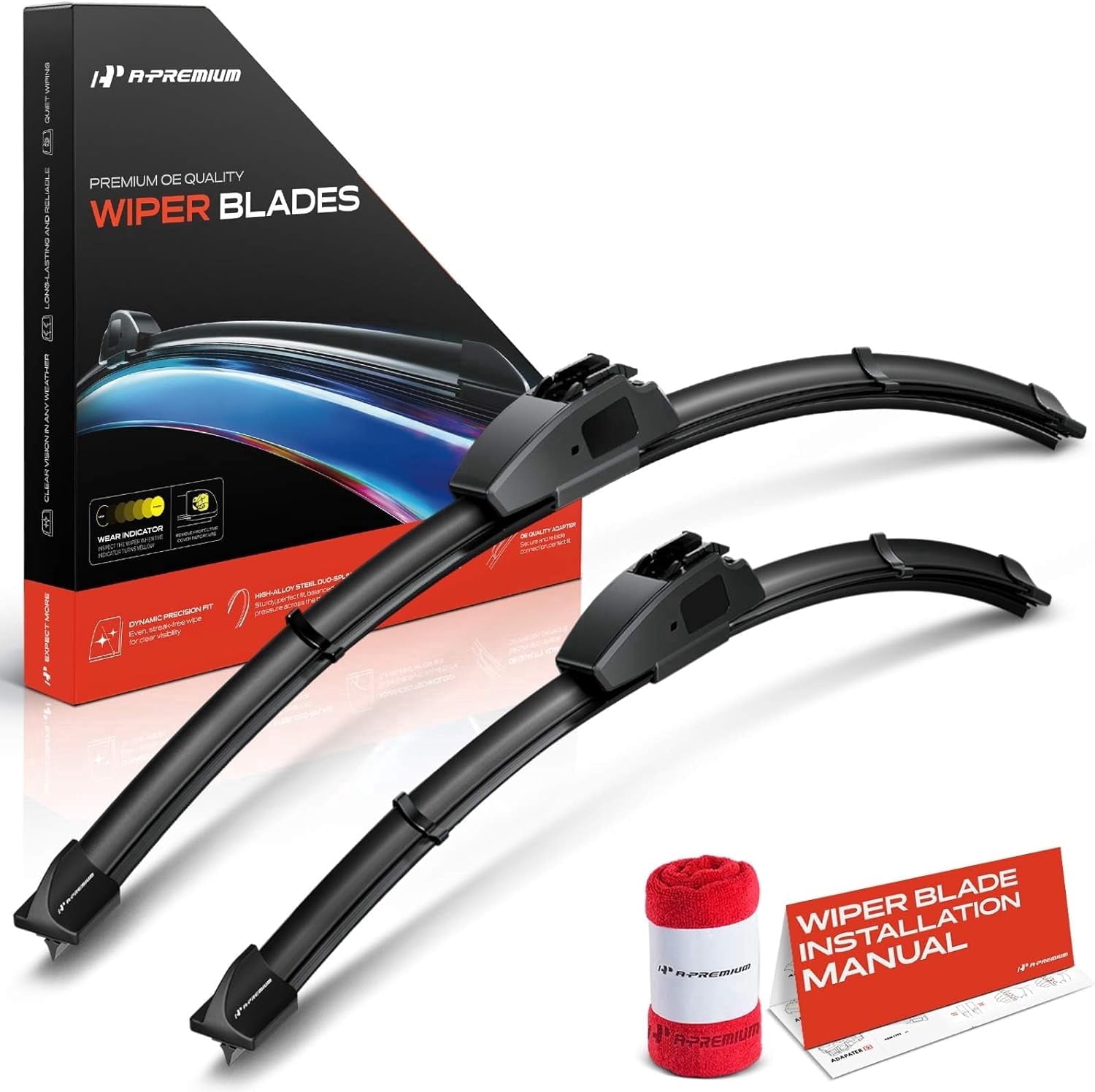 A-Premium 24" & 18" Windshield Wiper Blades with Wear Indicator & Towel - Compatible with Nissan Frontier 2005-2024, Pathfinder 2005-2012, Xterra 2005-2015 - Pack of 2, Hook, Left and Right
