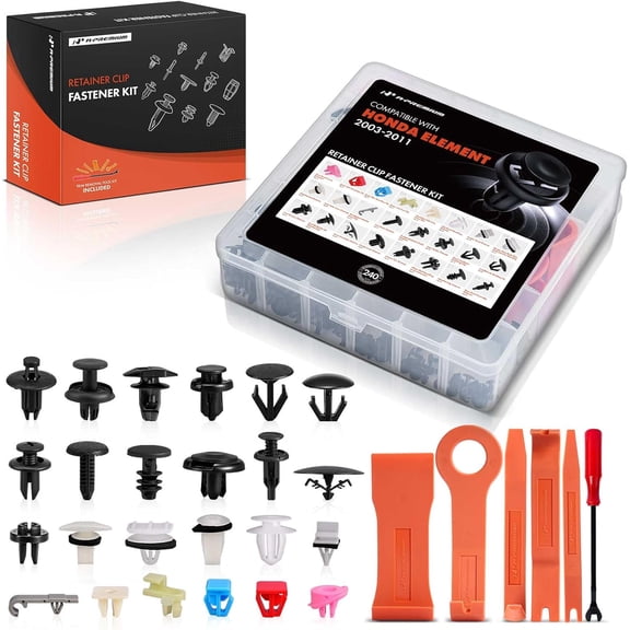 A-Premium 240 PCS (24 Sizes) Car Retainer Clips Kit Compatible with Honda Element 03-11 Bumper Fender Hood Insulation Rear Panel Auto Push Pin Plastic Rivet Fastener Replacement Set w/Removal Tool