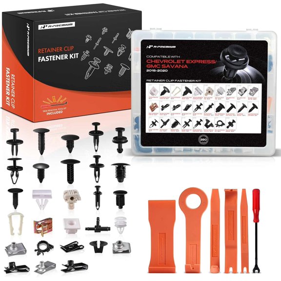 A-Premium 280PCS (28 Sizes/58 oz) Bumper Fender Retainer Clips Kit - Compatible with Chevy & GMC Express Savana - Rocker Molding Splash Shield Push Pin Plastic Nylon Rivet Fastener, w/Removal Tool