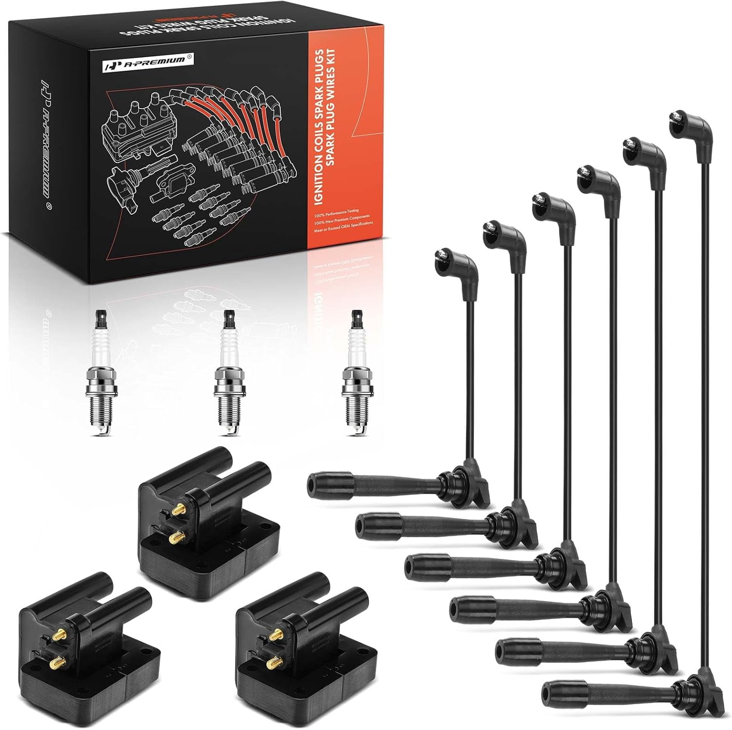 A-Premium 3 Ignition Coils with 6 Spark Plug Wires and 6 Iridium Spark Plugs Compatible with Hyundai Sonata 2002 2003 2004 2.7L