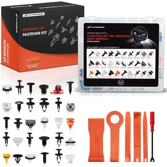A-Premium 300Pcs 50.56 oz Nylon Bumper Retainer Clips Fender Fasteners Door Trim Panel Molding Hood Auto Push Pin Plastic Rivets Kit Compatible with Chevy Silverado & GMC Sierra, with Removal Tool