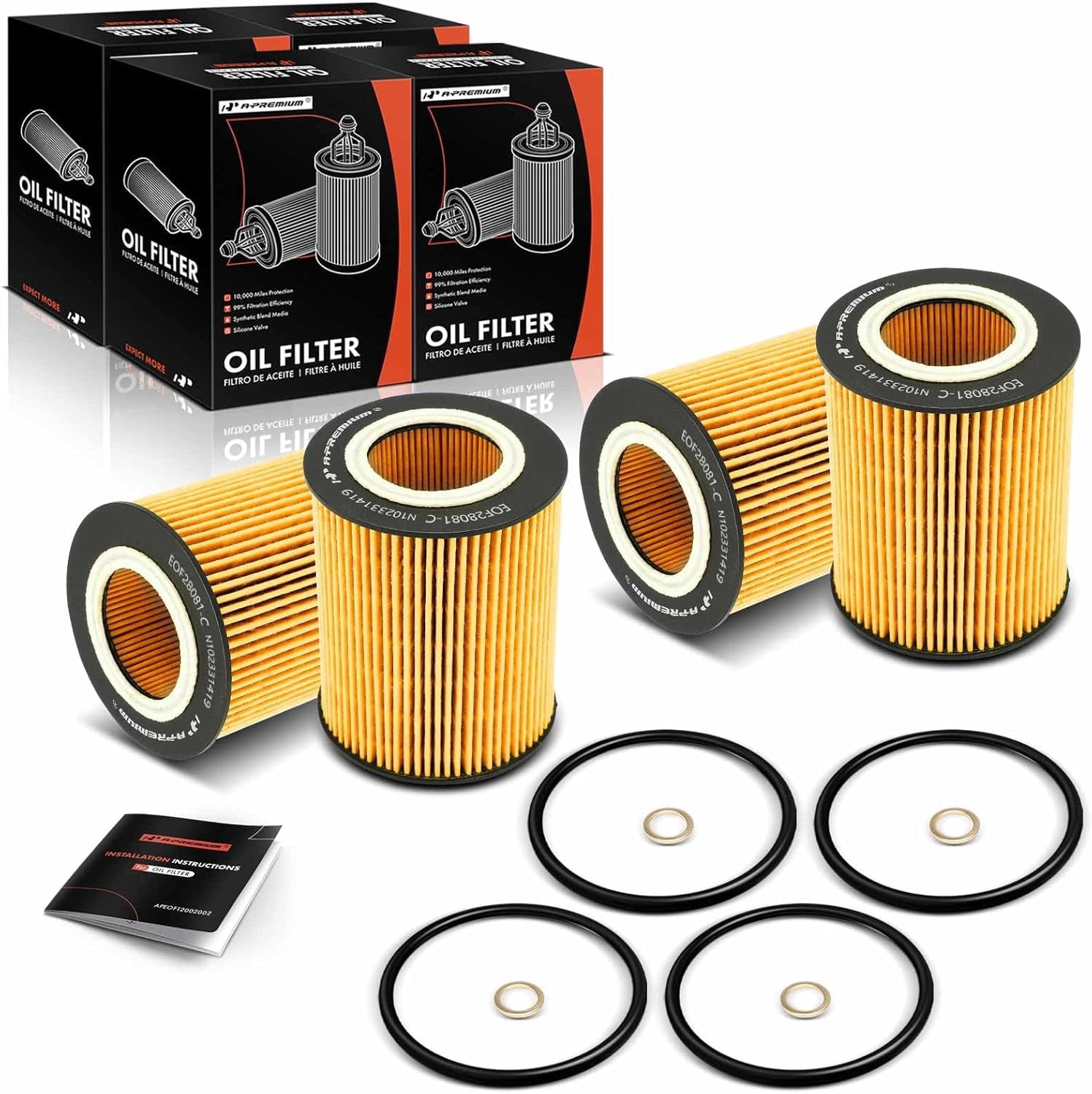 A-Premium 4-PC 10K Miles Protection Oil Filter Compatible with BMW 320i, 323Ci, 323i, 323is, 325Ci, 325i, 325xi, 328Ci, 328i, 328is, 330Ci, 330i, 330xi, X5, 525i, 525xi, 528i, 530i, 530xi & Ford GT