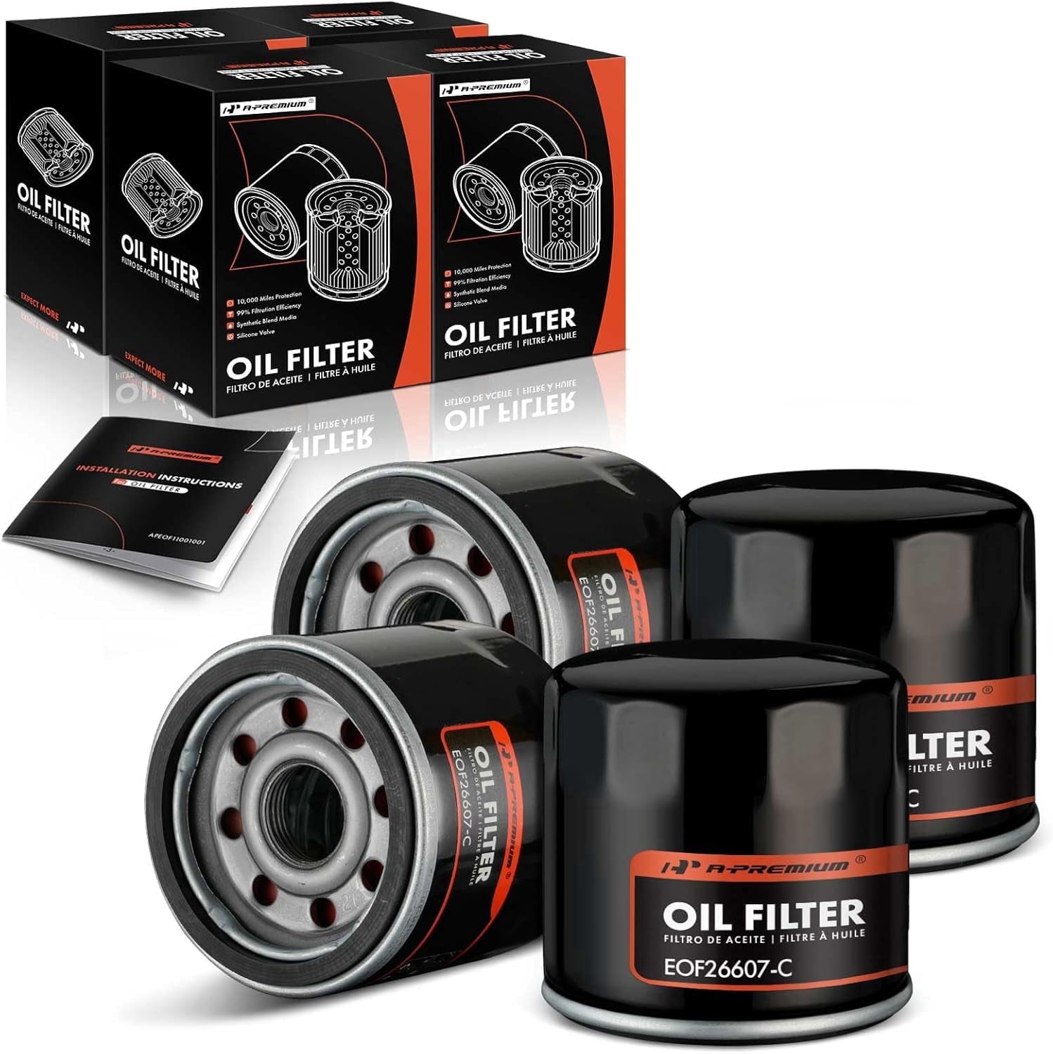 A-Premium 4-PC 10K Miles Protection Spin On Oil Filter Compatible with Ford & Chevy & for Toyota & for Honda & Nissan & Subaru & Kia & Mazda & Mitsubishi & Infiniti & Smart & Suzuki & Saab & Mercury