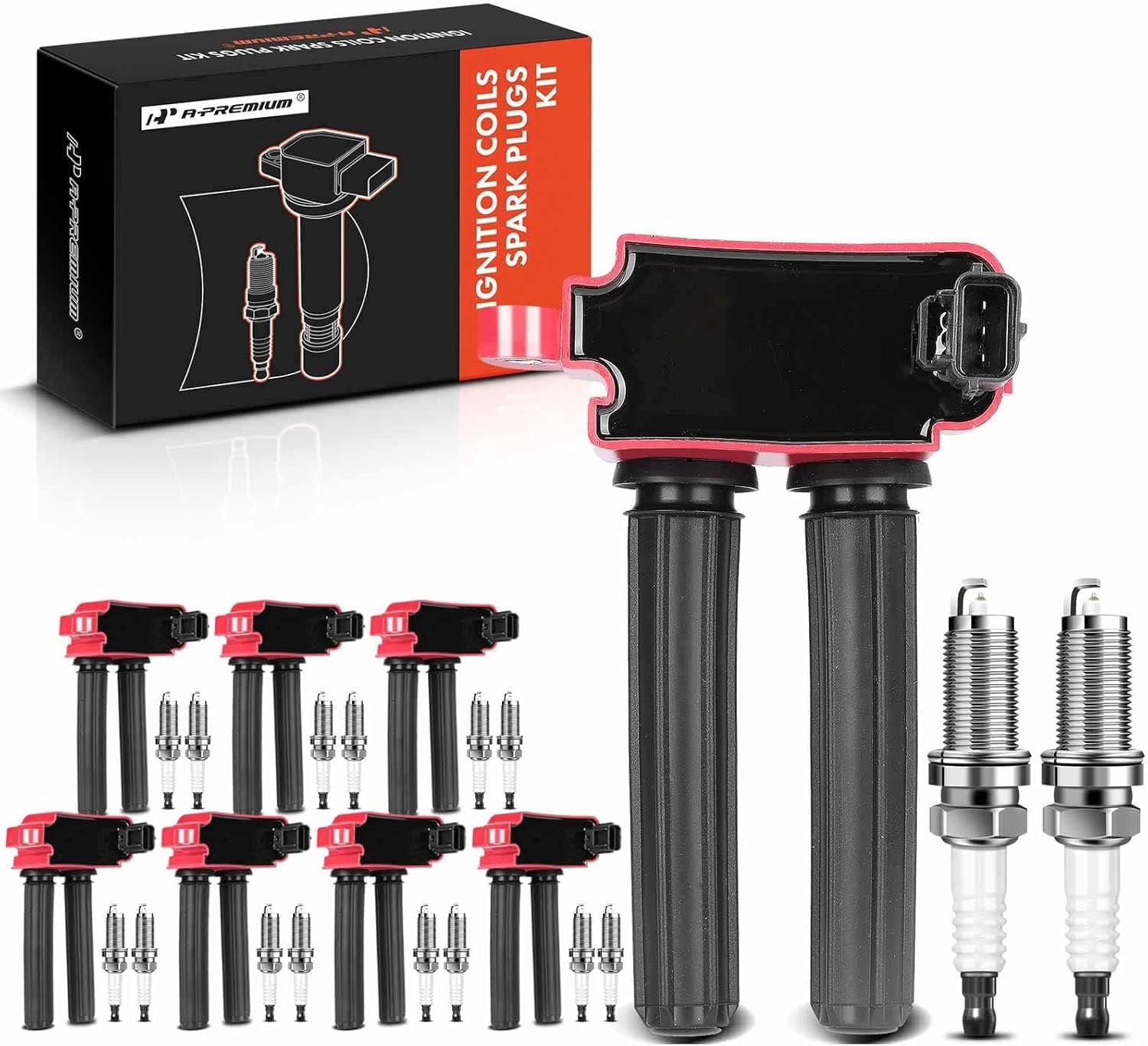 A-Premium 8x (Red) Ignition Coil Pack and 16x Iridium Spark Plugs Compatible with Dodge Ram 1500 2500 3500 Durango Challenger Charger & Jeep Grand Cherokee & Chrysler