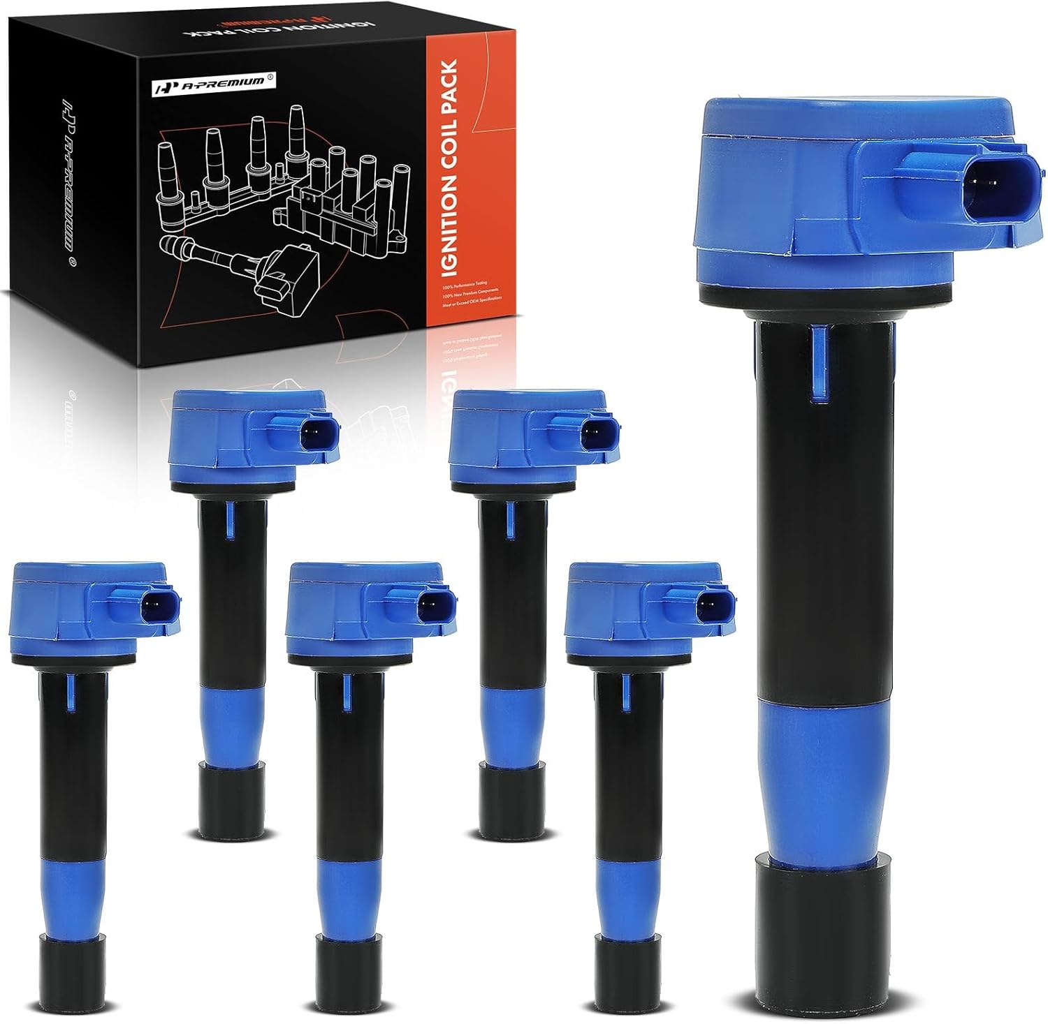 A-Premium (Blue) Engine Ignition Coil Pack Compatible with Honda Accord 08-12, Accord Crosstour 10-11, Pilot 09-15, Odyssey 08-17, Ridgeline 09-14, Crosstour & Acura MDX, RDX, TSX, TL, ZDX, 6-PC Set