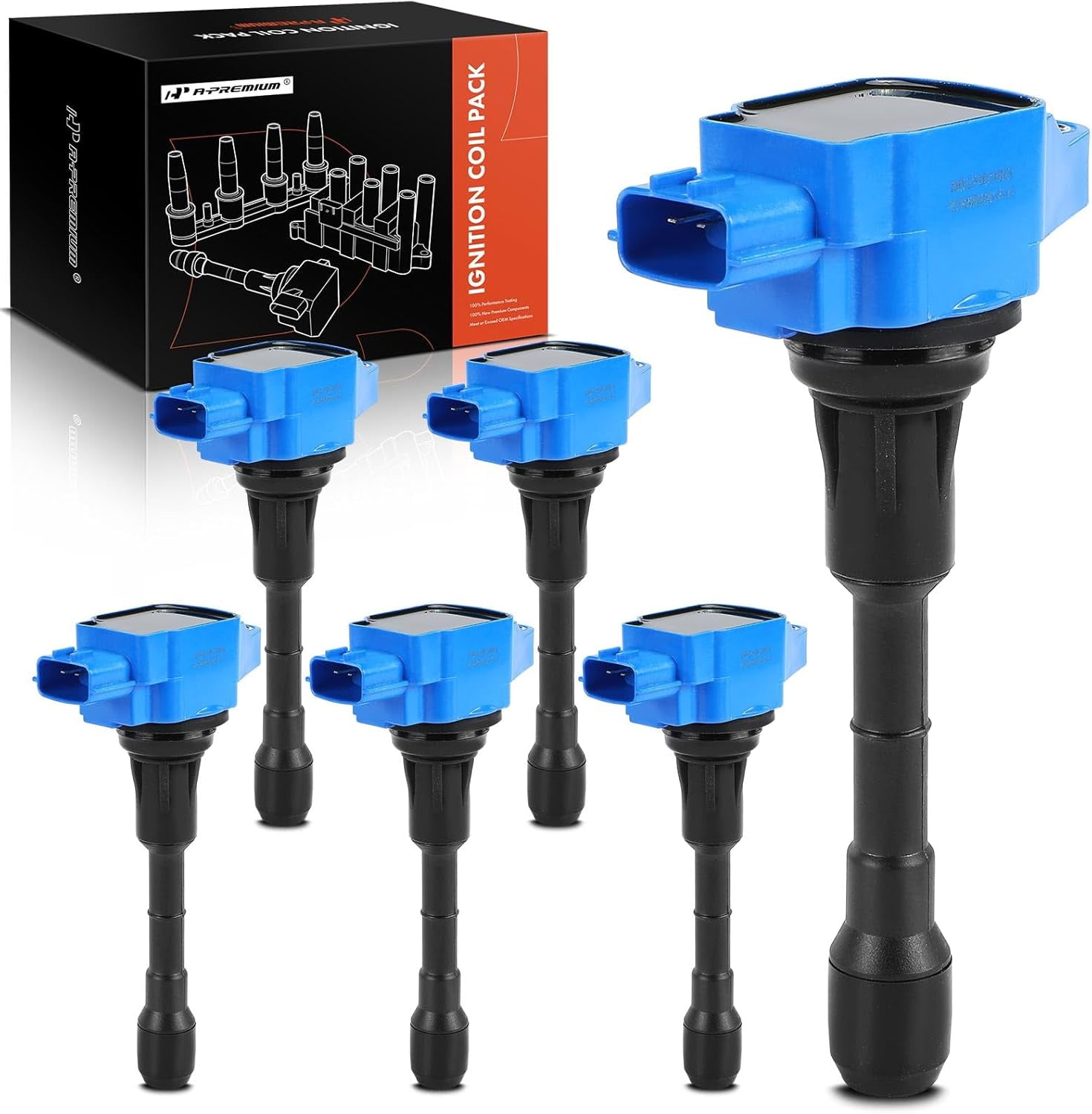 A-Premium (Blue) Engine Ignition Coil Pack Compatible with Nissan Altima 2007-2018, Murano, Pathfinder, Maxima, Quest & Infiniti QX60, Q50, G25, G35, M35, M35h, Q70, JX35, FX35, EX35, 6-PC Set