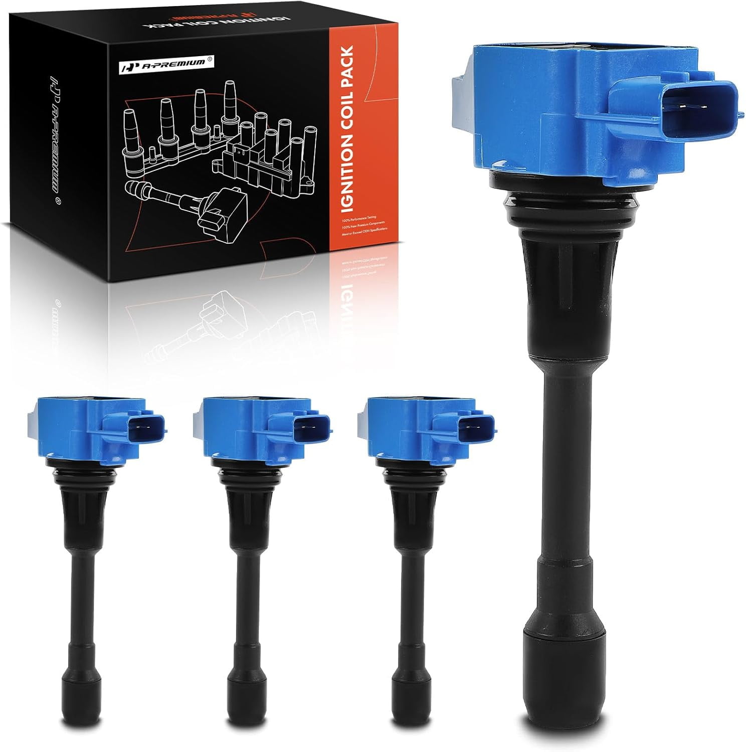 A-Premium (Blue) Engine Ignition Coil Pack Compatible with Nissan Altima, Rogue, Sentra, Versa, Frontier, Pathfinder, Cube & Infiniti QX60, M56, QX70, Q70, FX50, Q70L & Suzuki Equator, 4-PC Set