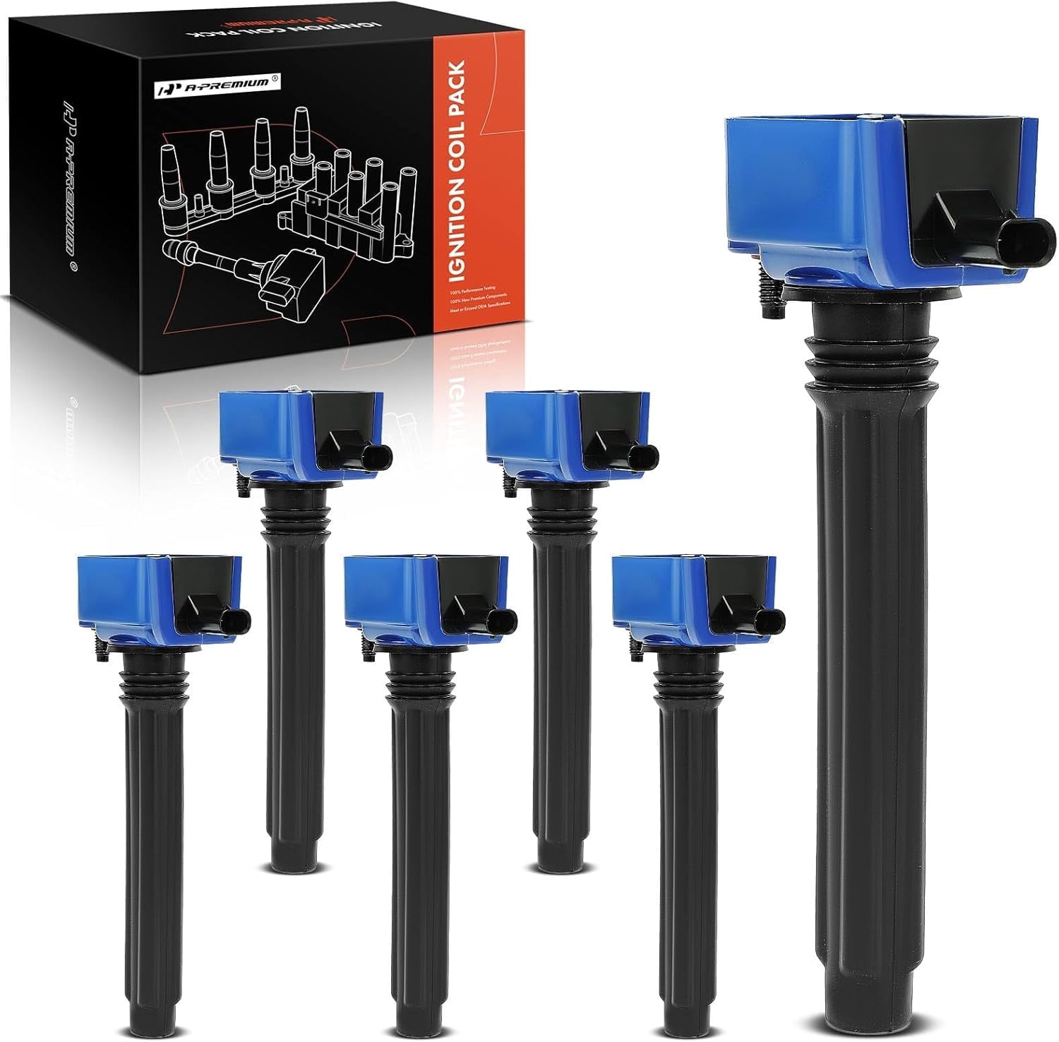 A-Premium (Blue) Engine Ignition Coil Pack Compatible with Ram 1500, ProMaster 2500 3500 & Jeep Grand Cherokee, Wrangler & Dodge Grand Caravan & Chrysler Town & Country & Volkswagen Routan, 6-PC Set