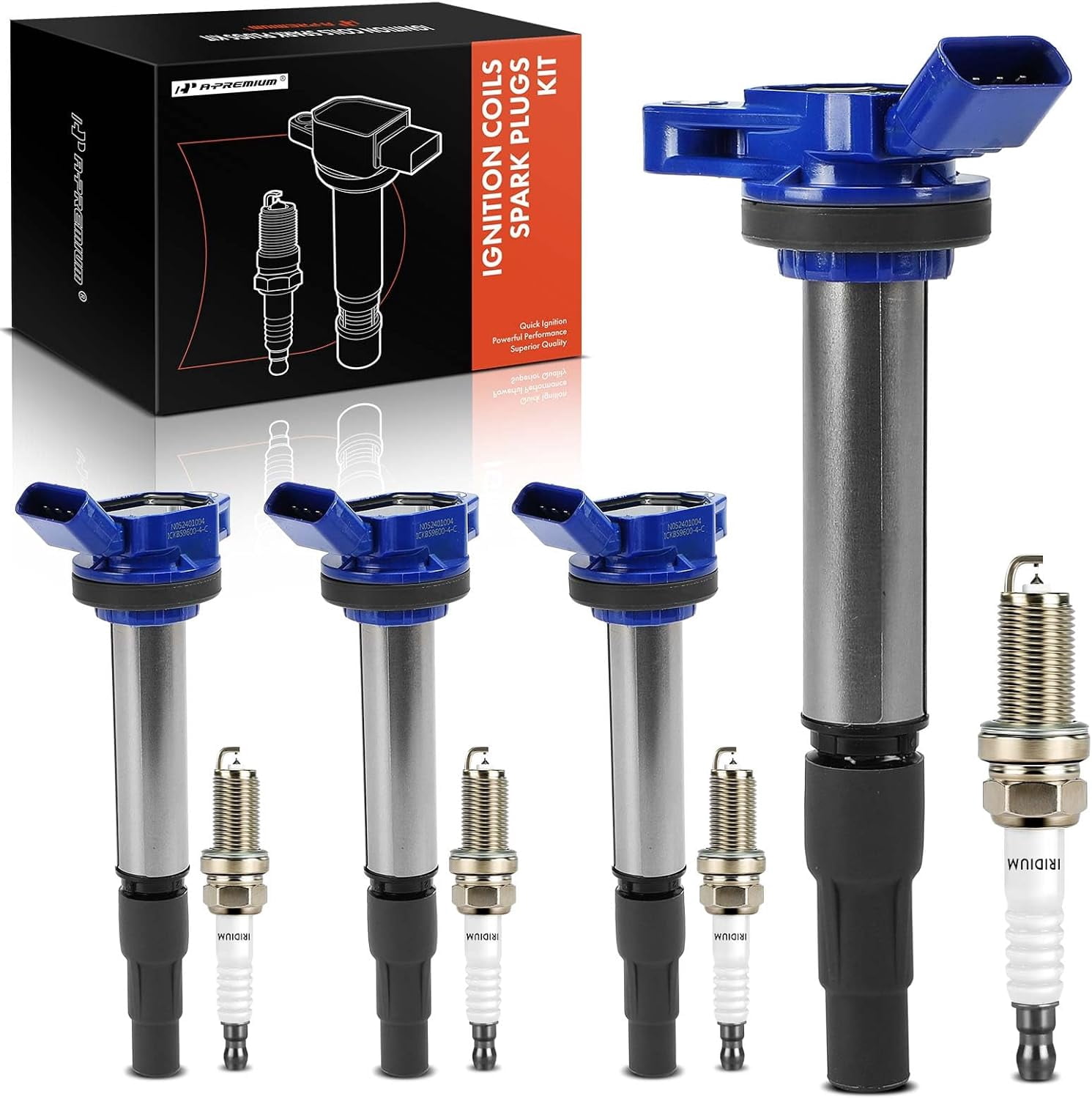 A-Premium (Blue) Set of 8 Ignition Coil Pack and Iridium Spark Plugs Compatible with Toyota Corolla 2009-2017 Prius 2010-2017 Matrix 2009-2014 C-HR 2018-2022 & Lexus CT200h 2011-2017 & Scion xD iM