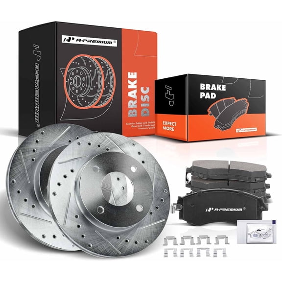 A-Premium 10.10 inch (256.6mm) Front Drilled and Slotted Disc Brake Rotors + Ceramic Pads Kit Compatible with Select Nissan Models - Sentra 2000 2001 2002 2003 2004 2005 2006,with Rear Drum, 6-PC Set