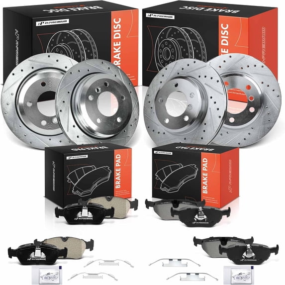 A-Premium Front and Rear Drilled and Slotted Disc Brake Rotors + Ceramic Pads Kit Compatible with BMW Models - E46 Series 325xi 2001 2002 2003 2004 2005, 12-PC Set