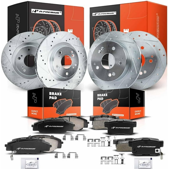 A-Premium Front and Rear Drilled and Slotted Disc Brake Rotors + Ceramic Pads Kit Compatible with Select Acura Models - RSX 2002 2003 2004 2005 2006, TYPE-S Model, 12-PC Set