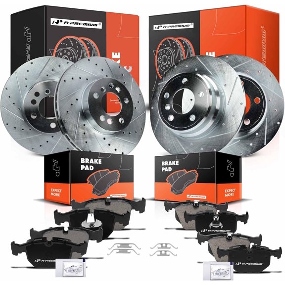 A-Premium Front and Rear Drilled and Slotted Disc Brake Rotors + Ceramic Pads Kit Compatible with Select BMW Model - X5 2000 2001 2002 2003 2004 2005 2006, 3.0L 4.4L, 12-PC Set