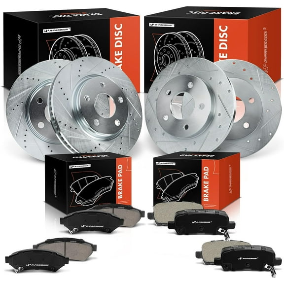 A-Premium Front and Rear Drilled and Slotted Disc Brake Rotors + Ceramic Pads Kit Compatible with Select Buick and Pontiac Models - LaCrosse 2005-2009, Allure 2005-2009, Grand Prix, 12-PC Set