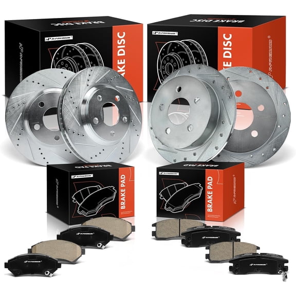 A-Premium Front and Rear Drilled and Slotted Disc Brake Rotors + Ceramic Pads Kit Compatible with Select Chevrolet & Oldsmobile Models - Impala 2000-2005, Monte Carlo 2000-2005, Intrigue, 12-PC Set