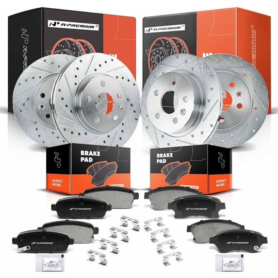 A-Premium Front and Rear Drilled and Slotted Disc Brake Rotors + Ceramic Pads Kit Compatible with Select Chevy Models - Cruze 2011-2016, Cruze Limited 2016, Sonic 2013-2016, 12-PC Set
