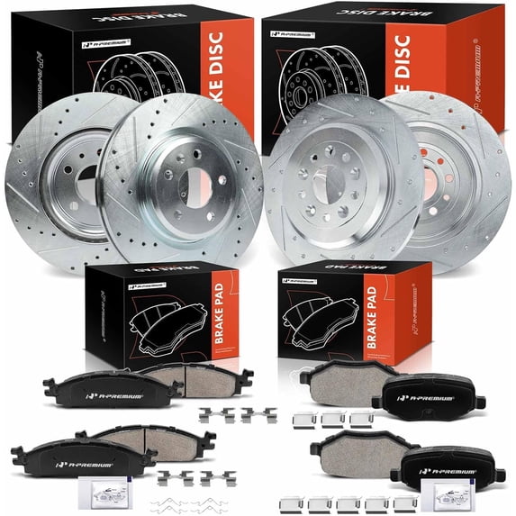 A-Premium Front and Rear Drilled and Slotted Disc Brake Rotors + Ceramic Pads Kit Compatible with Select Ford & Lincoln Models - Explorer 2011-2019, Taurus 2010-2019, Flex, MKS, MKT, 12-PC Set