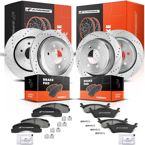 A-Premium Front & Rear Drilled and Slotted Disc Brake Rotors + Ceramic Pads Kit Compatible with Select Ford Models - For F-150 2012 2013 2014 2015 2016 2017 2018 2019 2020, 12-PC Set