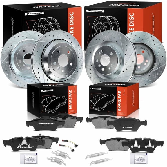 A-Premium Front and Rear Drilled and Slotted Disc Brake Rotors + Ceramic Pads Kit Compatible with Select Mercedes-Benz Models - GL320, GL350, GL450, GL550, R350, ML320, ML350, ML450, ML500, 12-PC Set