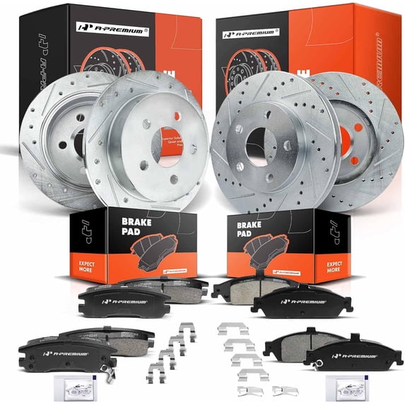 A-Premium Front and Rear Drilled and Slotted Disc Brake Rotors+Ceramic Pads Kit Compatible with Select Oldsmobile and Pontiac Models - Alero 1999-2004, Grand Am 1999-2005, 12-PC Set
