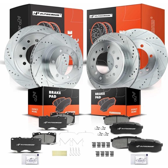 A-Premium Front and Rear Drilled and Slotted Disc Brake Rotors + Ceramic Pads Kit Compatible with Select Toyota Models - 4Runner 2003-2009, FJ Cruiser 2007-2009, 12-PC Set