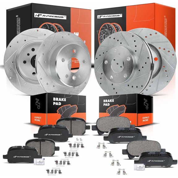 A-Premium Front & Rear Drilled and Slotted Disc Brake Rotors + Ceramic Pads Kit Compatible with Select Toyota Models - Avalon 2000 2001 2002 2003 2004, V6 3.0L, 12-PC Set