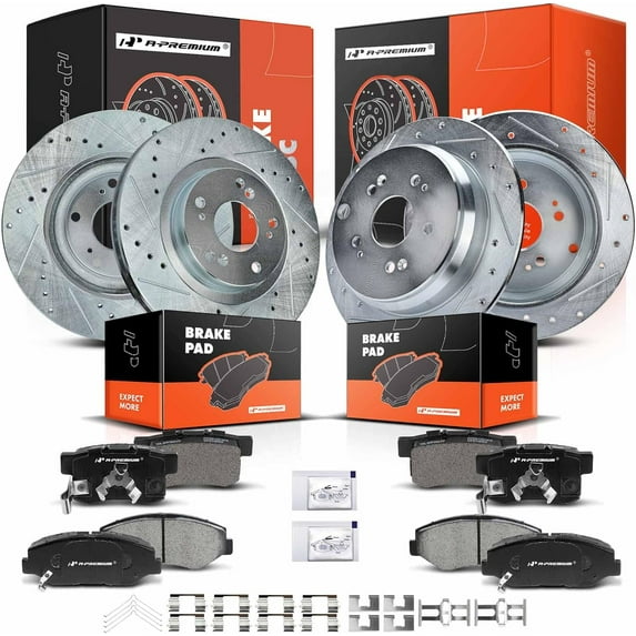 A-Premium Front and Rear Drilled and Slotted Disc Brake Rotors + Ceramic Pads Kit Compatible with Select Honda Models - CR-V 2005-2006 12-PC Set