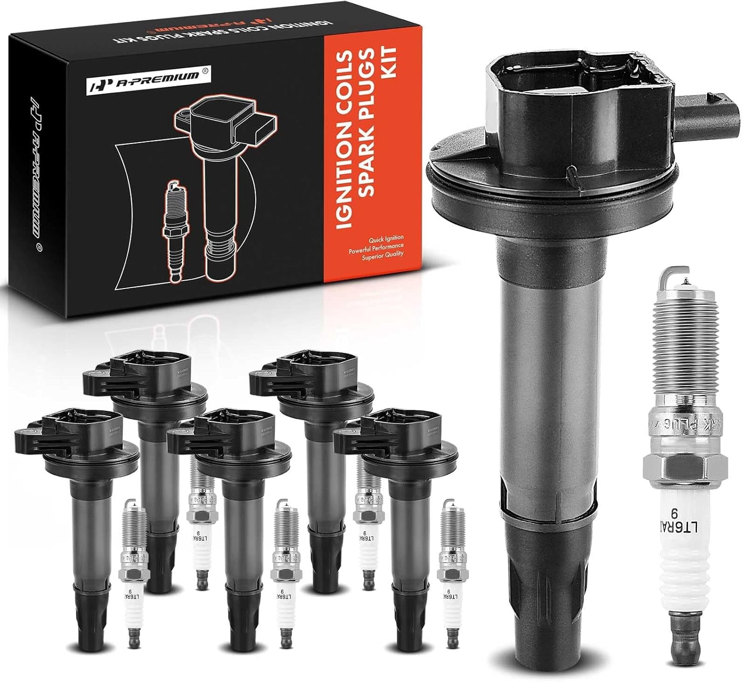 A-Premium Ignition Coils and Spark Plugs Kits Compatible with Ford F-150 F150, Explorer, Edge, Mustang, Taurus, Flex, Transit-150, Transit-250 & Lincoln MKX, MKT, Continental, 3.5L 3.7L 6-PC Set