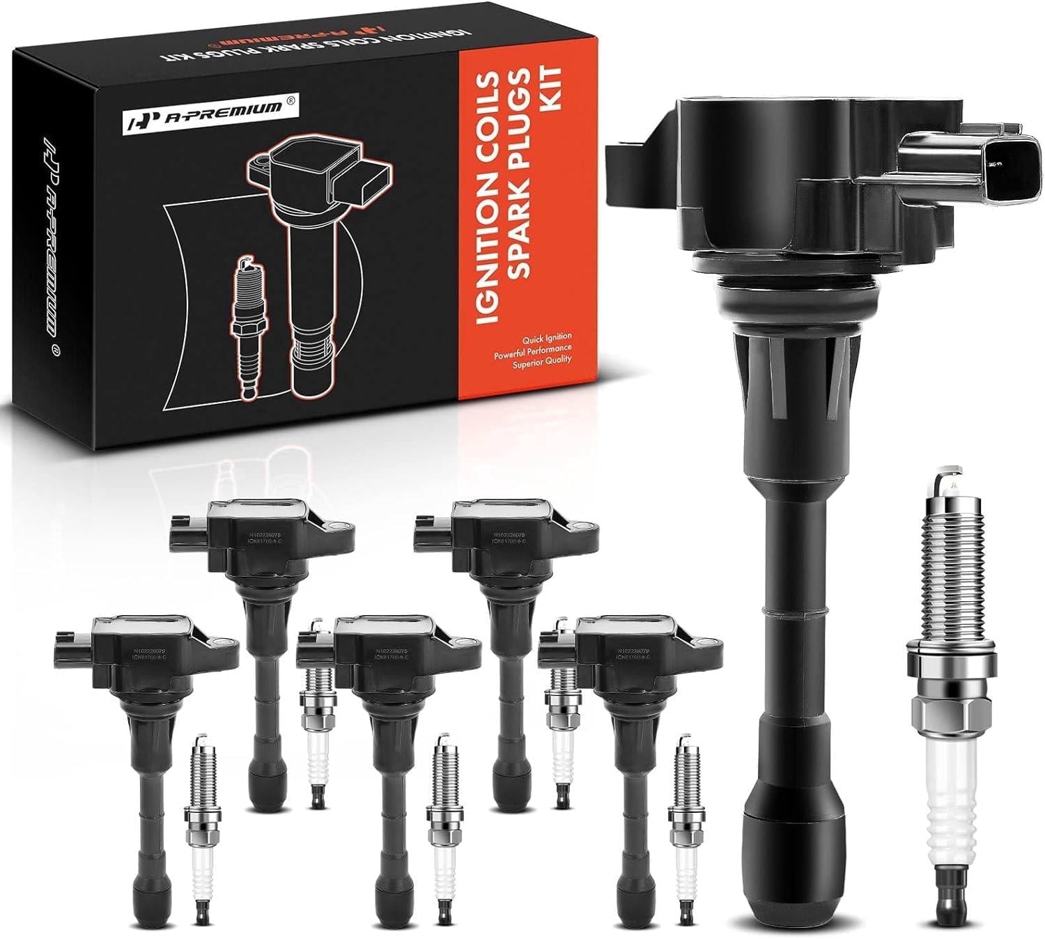 A-Premium Ignition Coils and Spark Plugs Kits Compatible with Nissan 370Z 2009-2020 & Infiniti Q50/Q60 2014-2015, QX50/QX70 2014-2017, Q70 2014-2019, Q70L, G37, EX37, FX37, M37, 3.7L 6-PC Set