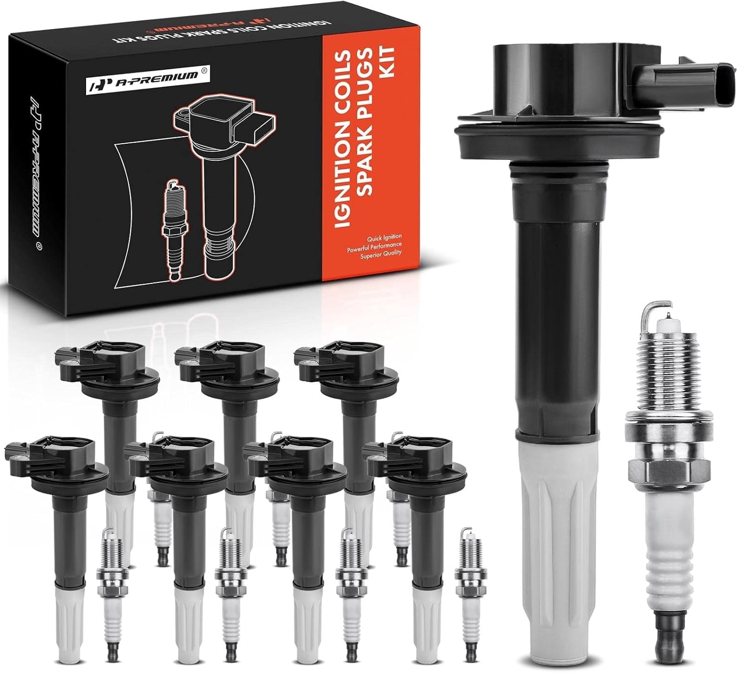 A-Premium Ignition Coils and Spark Plugs Kits Compatible with Ford F-150 2016-2017 Mustang 2016-2017 5.0L Replace# FR3Z12029A 8-PC Set
