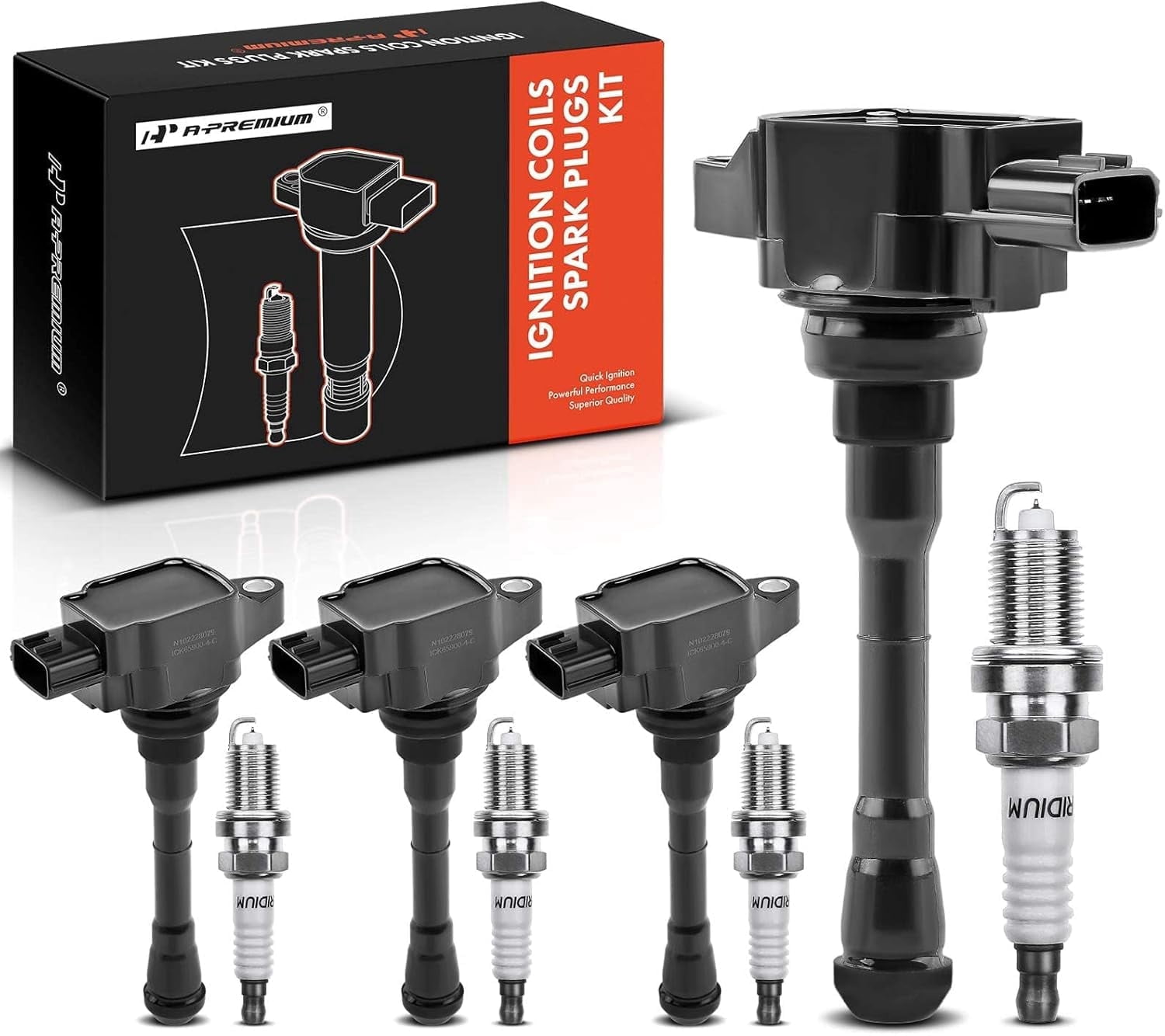 A-Premium Ignition Coils and Spark Plugs Kits Compatible with Nissan Juke 2011-2017 L4 1.6L, Replace# 224481KC0A, DILKAR7C9H 4-PC Set