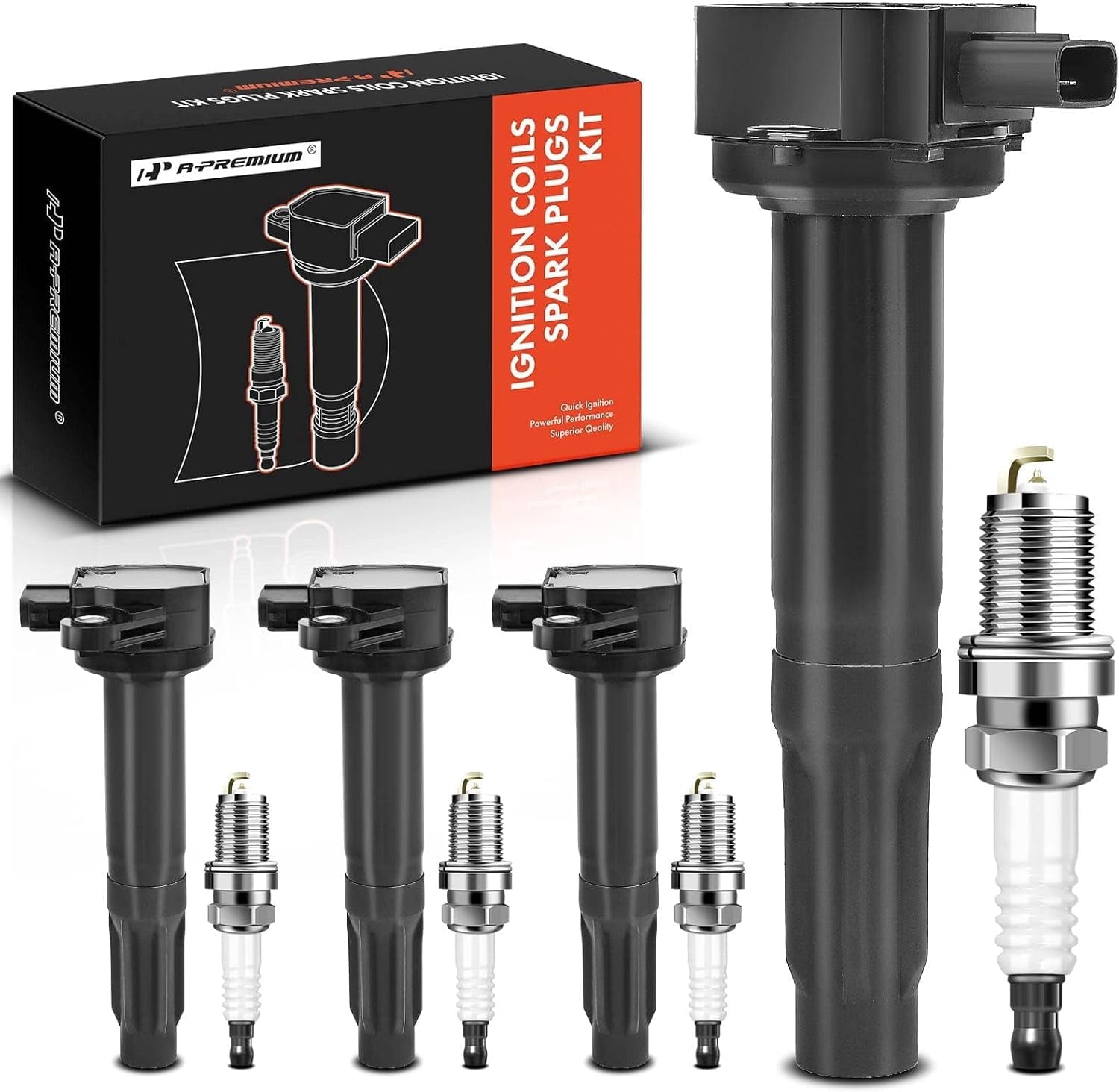 A-Premium Ignition Coils and Spark Plugs Kits Compatible with Subaru Outback 2010-2012, Legacy 2010-2012, 2.5L, Replace# 22433AA620, BKR6EGP 4-PC Set